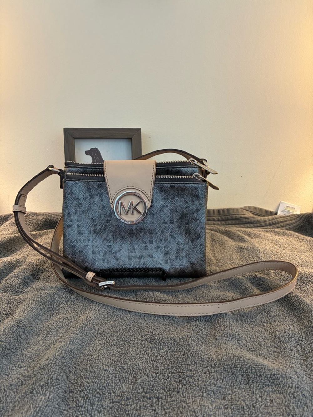 Michael Kors Gray Logo Crossbody with Beige Trim